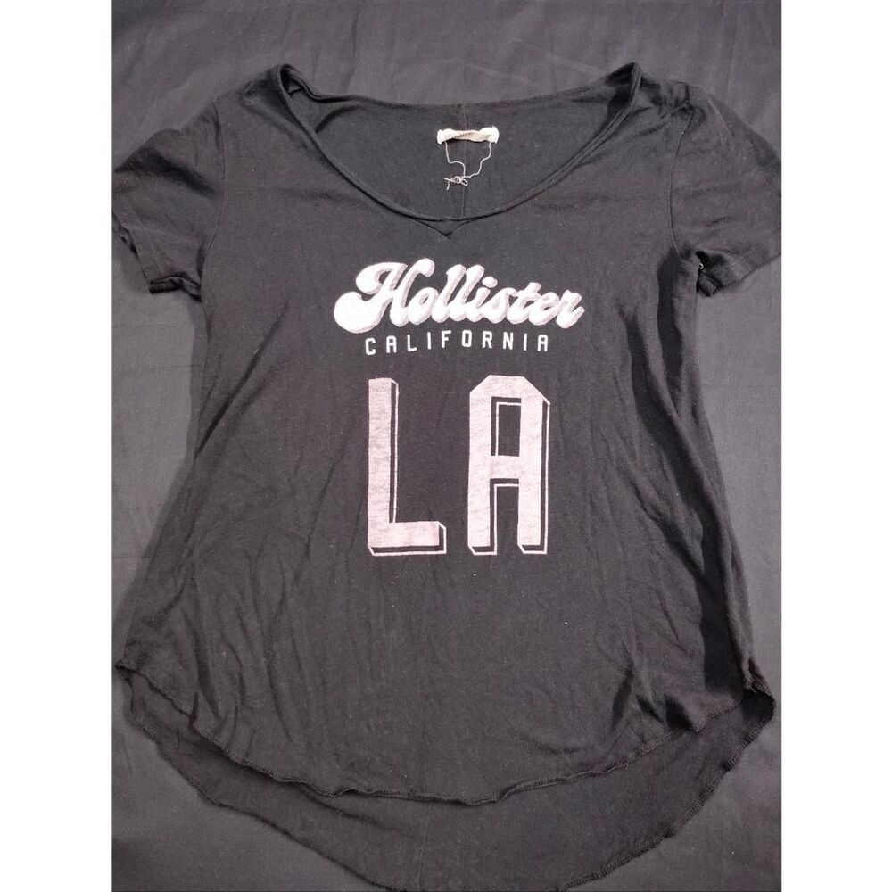 Hollister Black California LA White and Pink Lettering Curved Hem Sexy Top
